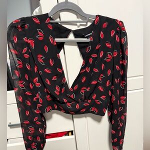 Express Black and Red Leaf Pattern Blouse with open back worn once